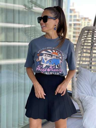 Antrasit Yıkamalı Minübüs Baskılı Kadın T-Shirt