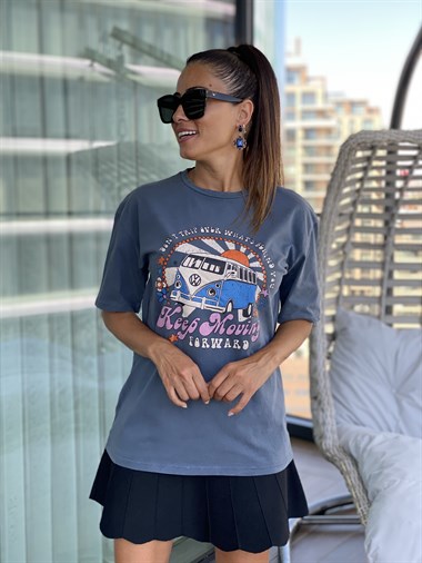Antrasit Yıkamalı Minübüs Baskılı Kadın T-Shirt