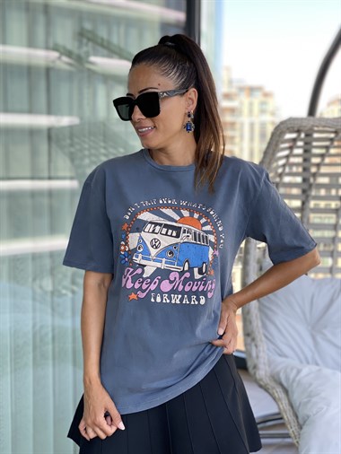 Antrasit Yıkamalı Minübüs Baskılı Kadın T-Shirt