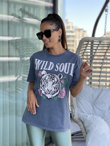 Antrasit Yıkamalı Wıld Soul Kadın T-Shirt