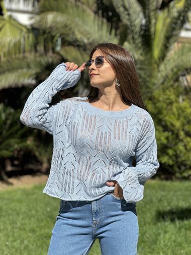 Bebe Mavi Ajurlu Geniş Kol Triko Kadın Kazak