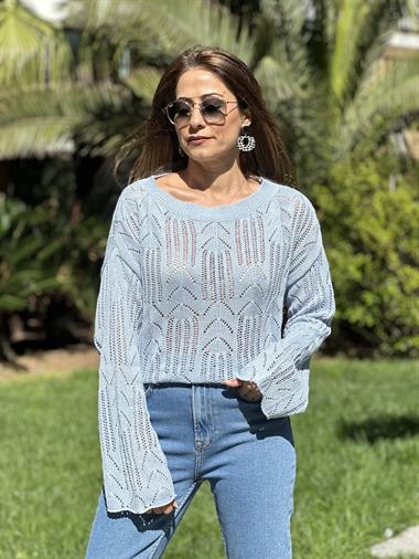 Bebe Mavi Ajurlu Geniş Kol Triko Kadın Kazak