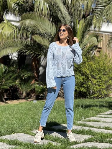 Bebe Mavi Ajurlu Geniş Kol Triko Kadın Kazak