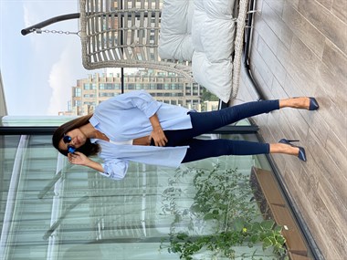 Bebe Mavi Arka Roba Örme Flam Keten Kadın Gömlek