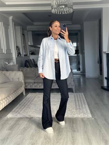 Bebe Mavi Arkası Yırtmaçlı Dikiş Detay Poplin Kadın Gömlek