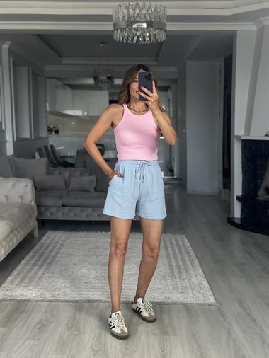 Bebe Mavi Beli Lastikli Müslin Kumaş Kadın Şort