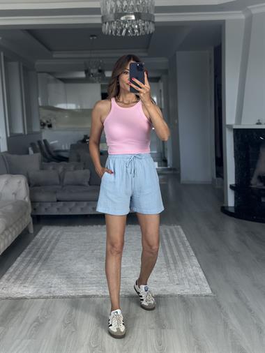 Bebe Mavi Beli Lastikli Müslin Kumaş Kadın Şort