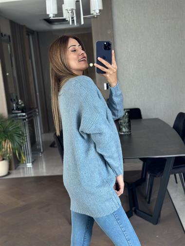 Bebe Mavi Bisiklet Yaka Salaş Cepli Triko Kadın Kazak