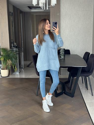 Bebe Mavi Bisiklet Yaka Salaş Cepli Triko Kadın Kazak