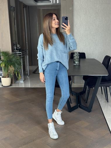 Bebe Mavi Bisiklet Yaka Salaş Cepli Triko Kadın Kazak