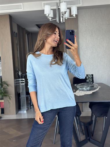 Bebe Mavi Bisiklet Yaka Uzun Kol Dlvn Düz Merserize Kadın Bluz