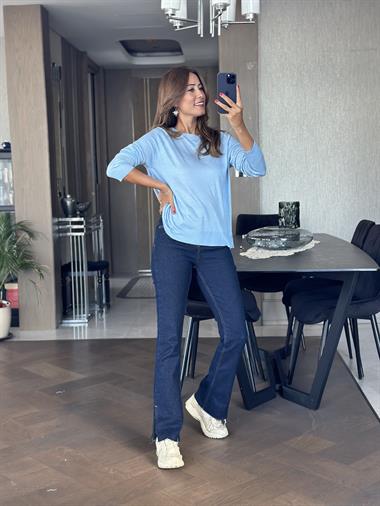 Bebe Mavi Bisiklet Yaka Uzun Kol Dlvn Düz Merserize Kadın Bluz