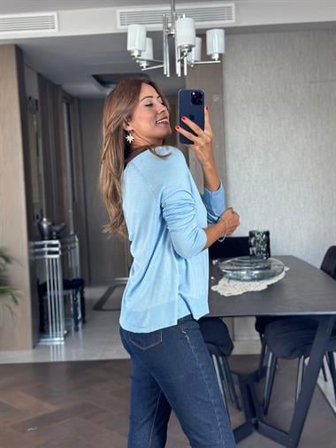 Bebe Mavi Bisiklet Yaka Uzun Kol Dlvn Düz Merserize Kadın Bluz