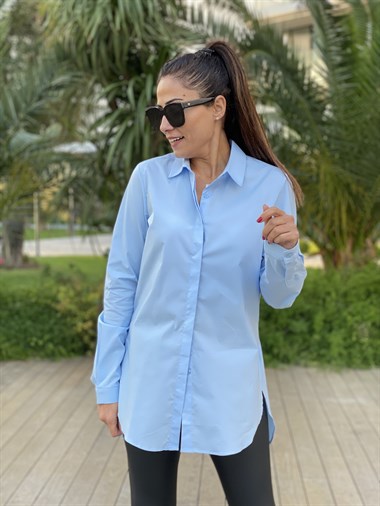 Bebe Mavi Boyfriend Yırtmaç Detay Kadın Gömlek