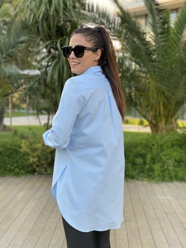 Bebe Mavi Boyfriend Yırtmaç Detay Kadın Gömlek