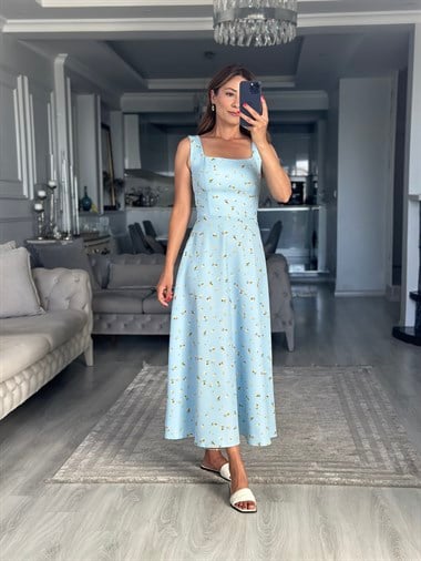 Bebe Mavi Çiçekli Kalın Askılı Arkadan Bağlamalı Füsun Midi Boy Kadın Elbise 