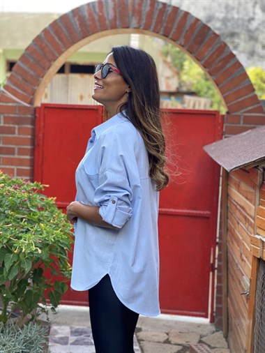 Bebe Mavi Çift Cepli Flam Keten Kadın Gömlek