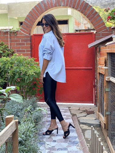 Bebe Mavi Çift Cepli Flam Keten Kadın Gömlek