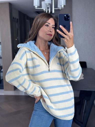 Bebe Mavi Çizgili Fermuarlı Yakası Peluş Triko Kadın Kazak
