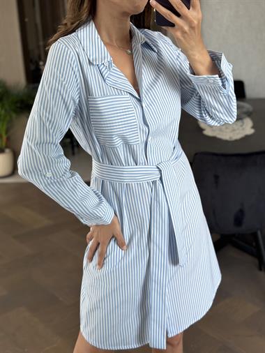 Bebe Mavi Çizgili Kuşaklı Poplin Kadın Gömlek Elbise