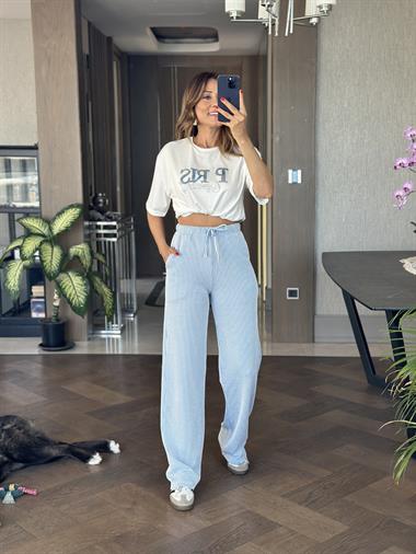 Bebe Mavi Çizgili Melanj Beli Lastikli Kadın Pantolon