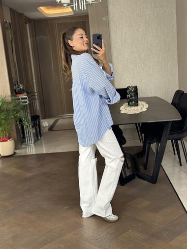 Bebe Mavi Çizgili Mng Model Oversize Kadın Gömlek