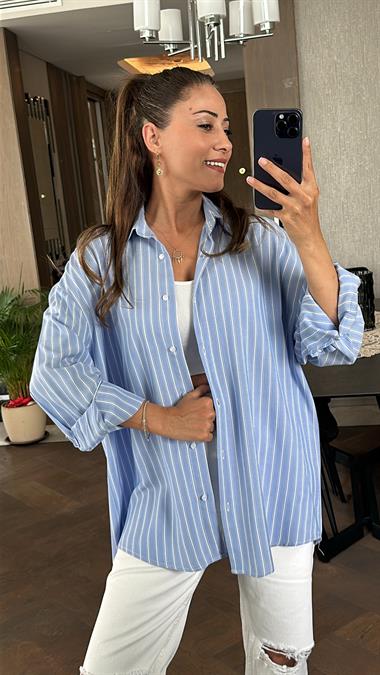 Bebe Mavi Çizgili Mng Model Oversize Kadın Gömlek