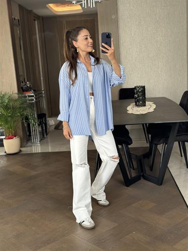 Bebe Mavi Çizgili Mng Model Oversize Kadın Gömlek