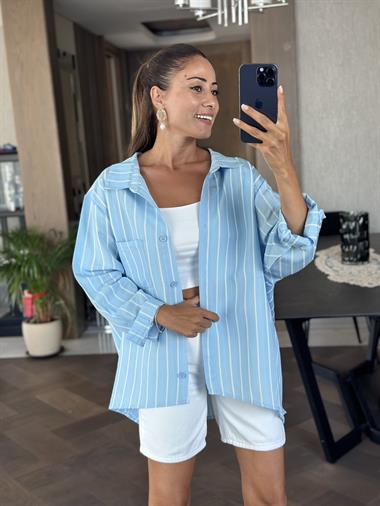Bebe Mavi Çizgili Oversize Tek Cepli Kadın Gömlek