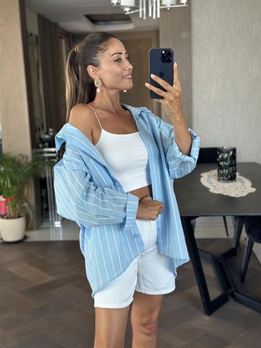 Bebe Mavi Çizgili Oversize Tek Cepli Kadın Gömlek