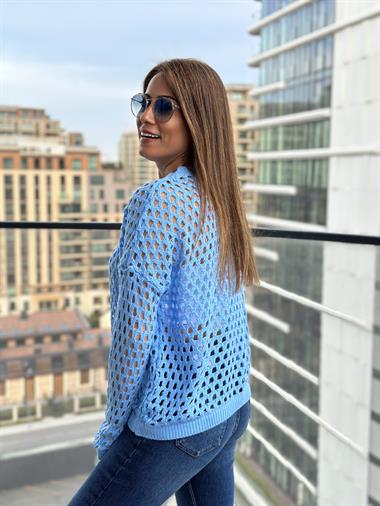 Bebe Mavi Dekolte Örgülü Kadın Triko Kazak