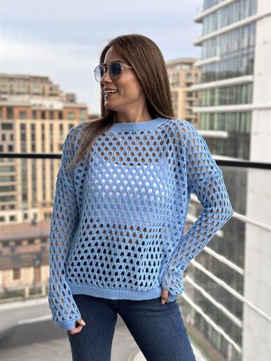 Bebe Mavi Dekolte Örgülü Kadın Triko Kazak