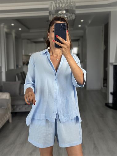 Bebe Mavi Fakir Kol Gömlek Şort Müslin Kadın İkili Takım