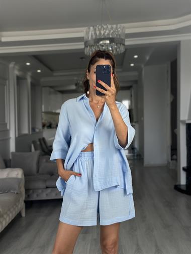 Bebe Mavi Fakir Kol Gömlek Şort Müslin Kadın İkili Takım