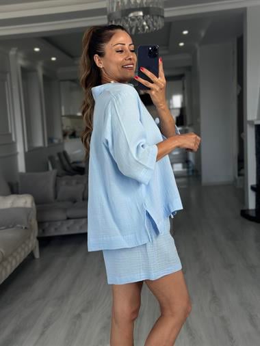 Bebe Mavi Fakir Kol Gömlek Şort Müslin Kadın İkili Takım