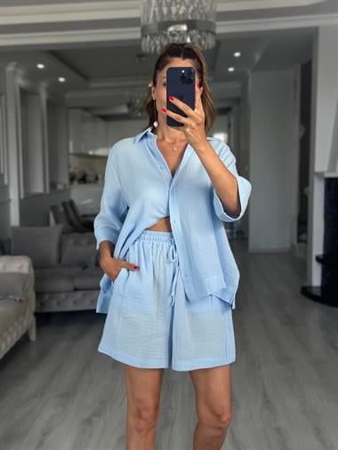 Bebe Mavi Fakir Kol Gömlek Şort Müslin Kadın İkili Takım