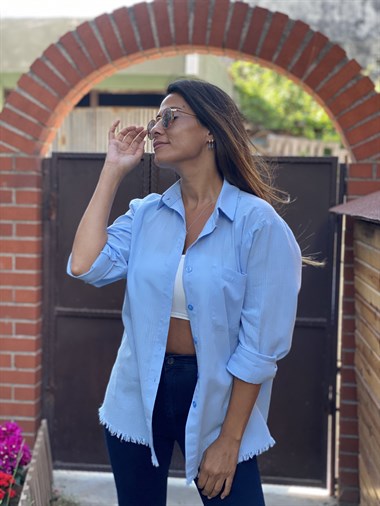 Bebe Mavi Flam Keten Eteği Püsküllü Kadın Gömlek