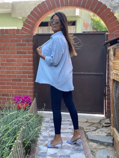 Bebe Mavi Flam Keten Eteği Püsküllü Kadın Gömlek