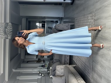 Bebe Mavi Gömlek Yaka Önden Fermuarlı Kemerli Midi Boy Kadın Gömlek Elbise
