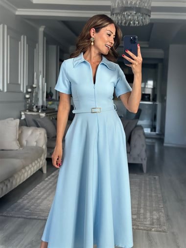 Bebe Mavi Gömlek Yaka Önden Fermuarlı Kemerli Midi Boy Kadın Gömlek Elbise