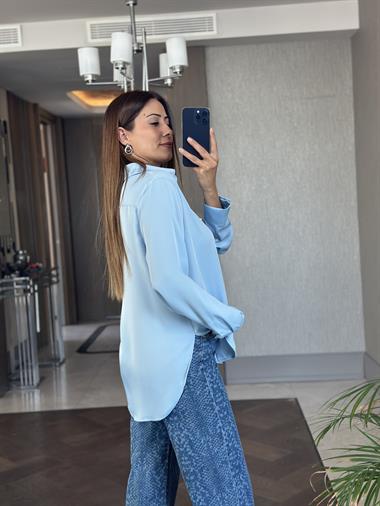 Bebe Mavi Karol Uzun Kol Saten Kadın Gömlek