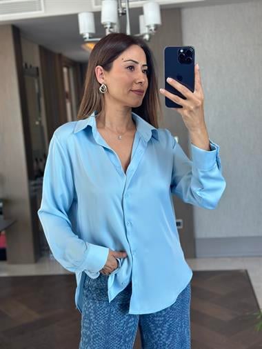 Bebe Mavi Karol Uzun Kol Saten Kadın Gömlek