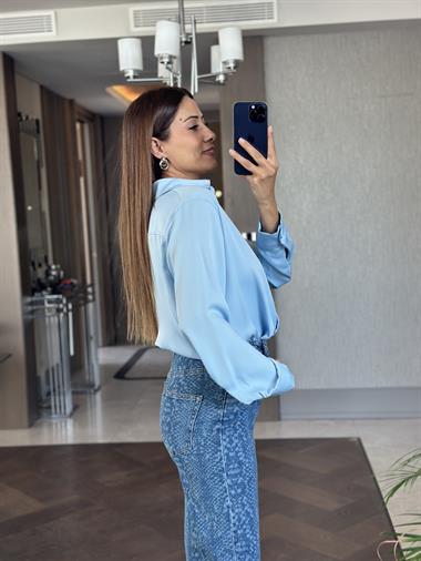 Bebe Mavi Karol Uzun Kol Saten Kadın Gömlek