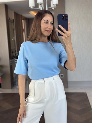 Bebe Mavi Karol Vatkalı Yakası Ribanalı Kısa Kol Kadın T-Shirt