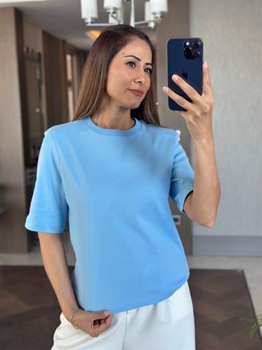 Bebe Mavi Karol Vatkalı Yakası Ribanalı Kısa Kol Kadın T-Shirt