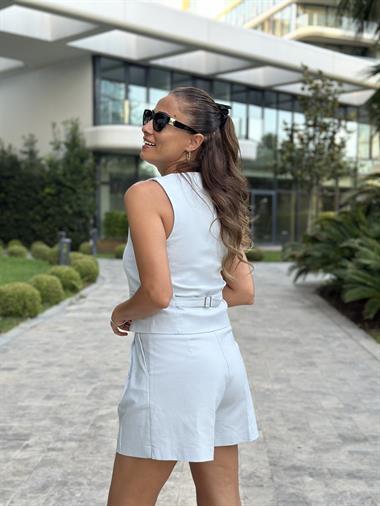 Bebe Mavi Karol Yeleği Minik Yırtmaçlı Şortlu Kadın İkili Takım