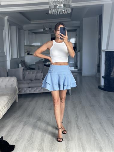 Bebe Mavi Katlı Beli Drapeli İçi Şortlu Kadın Mini Etek