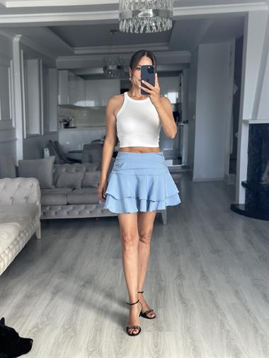 Bebe Mavi Katlı Beli Drapeli İçi Şortlu Kadın Mini Etek