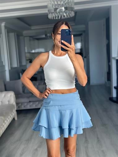 Bebe Mavi Katlı Beli Drapeli İçi Şortlu Kadın Mini Etek