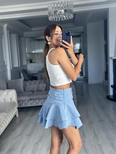 Bebe Mavi Katlı Beli Drapeli İçi Şortlu Kadın Mini Etek